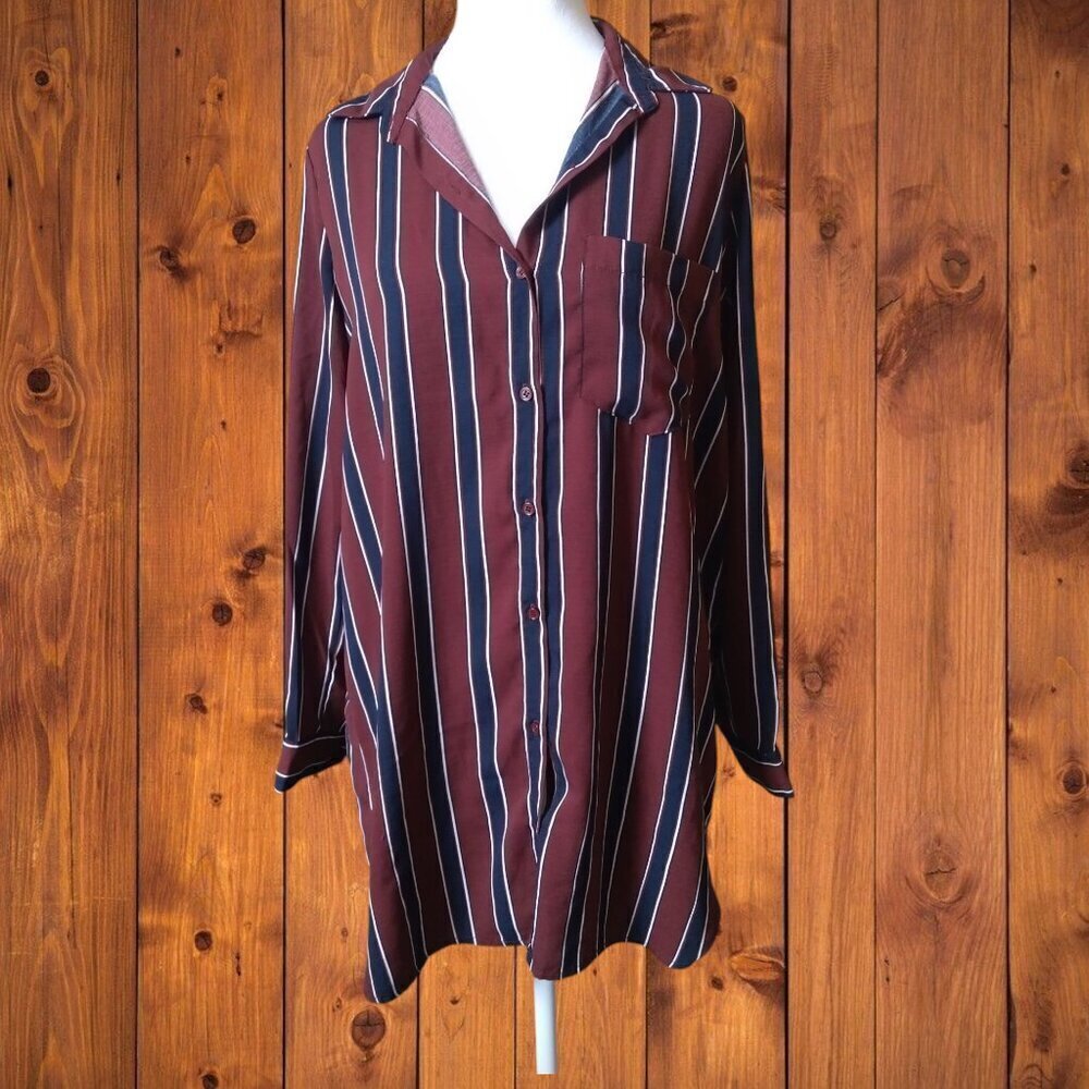 Forever 21 Long Roll Tab Sleeve Striped Button Front Shirt Blouse Size Small